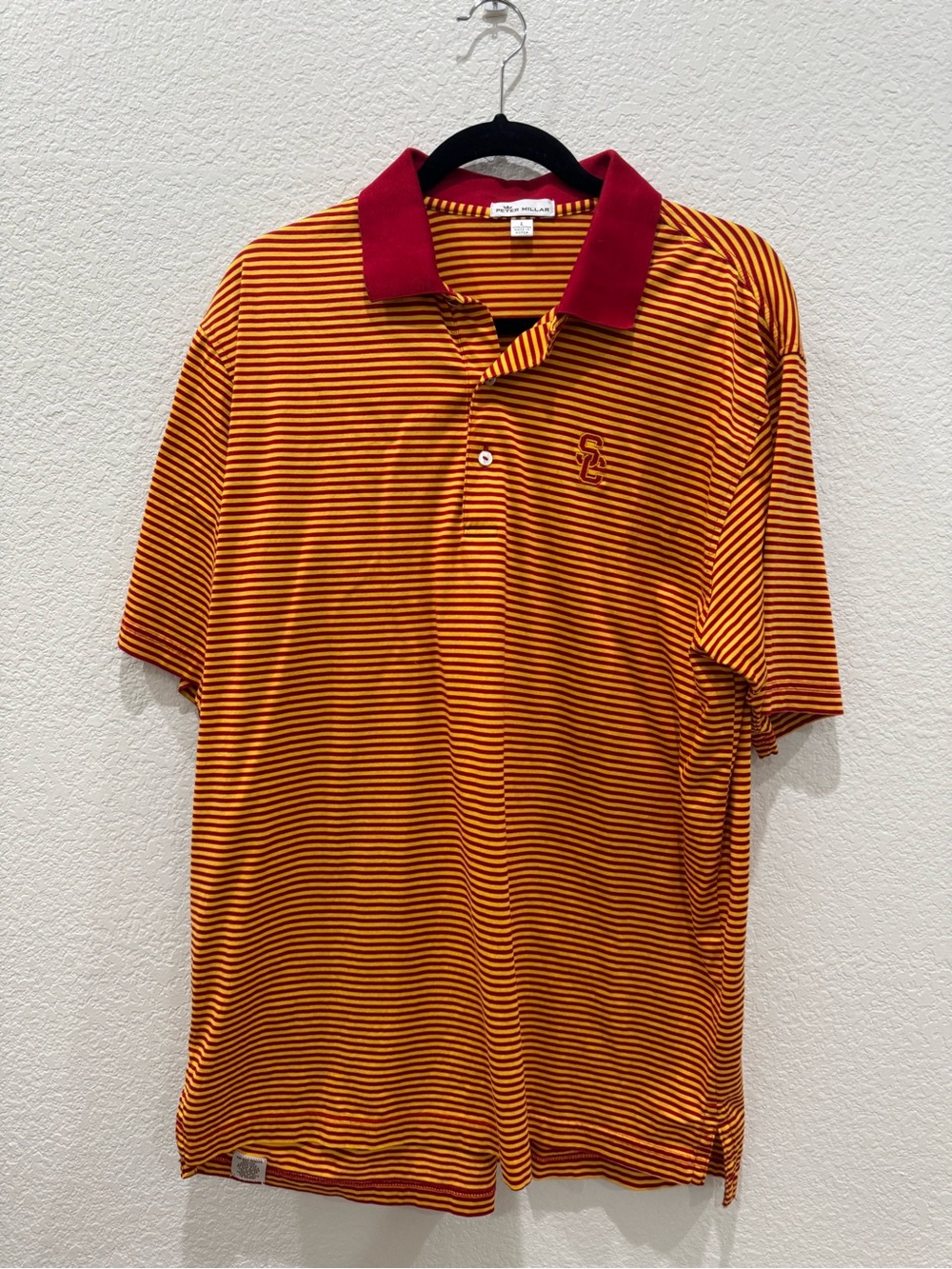 Peter Millar USC Trojans Polo Shirt Striped Cotton Golf Red Gold Men Large - Picture 1 of 6
